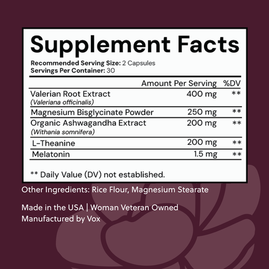 Supplement facts label with ingredients on a maroon background