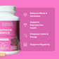 Supplement bottle labeled 'Hormone Balance' by Sisterhood Supplements on a pink background with text about supplement benefits.