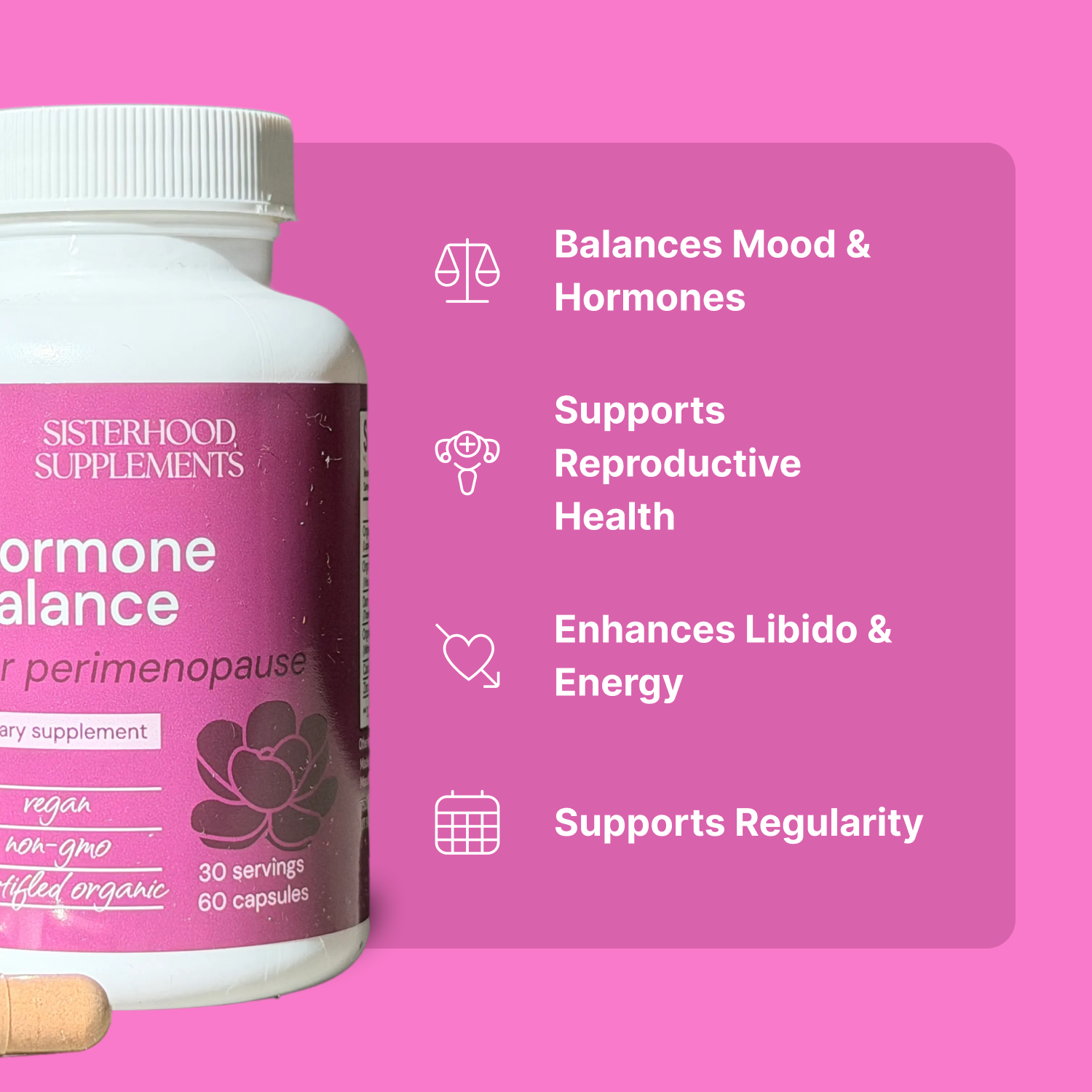 Supplement bottle labeled 'Hormone Balance' by Sisterhood Supplements on a pink background with text about supplement benefits.