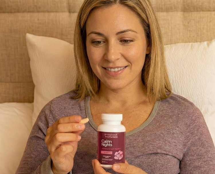 Woman holding a bottle of 'Calm Nights' supplement in a bedroom setting