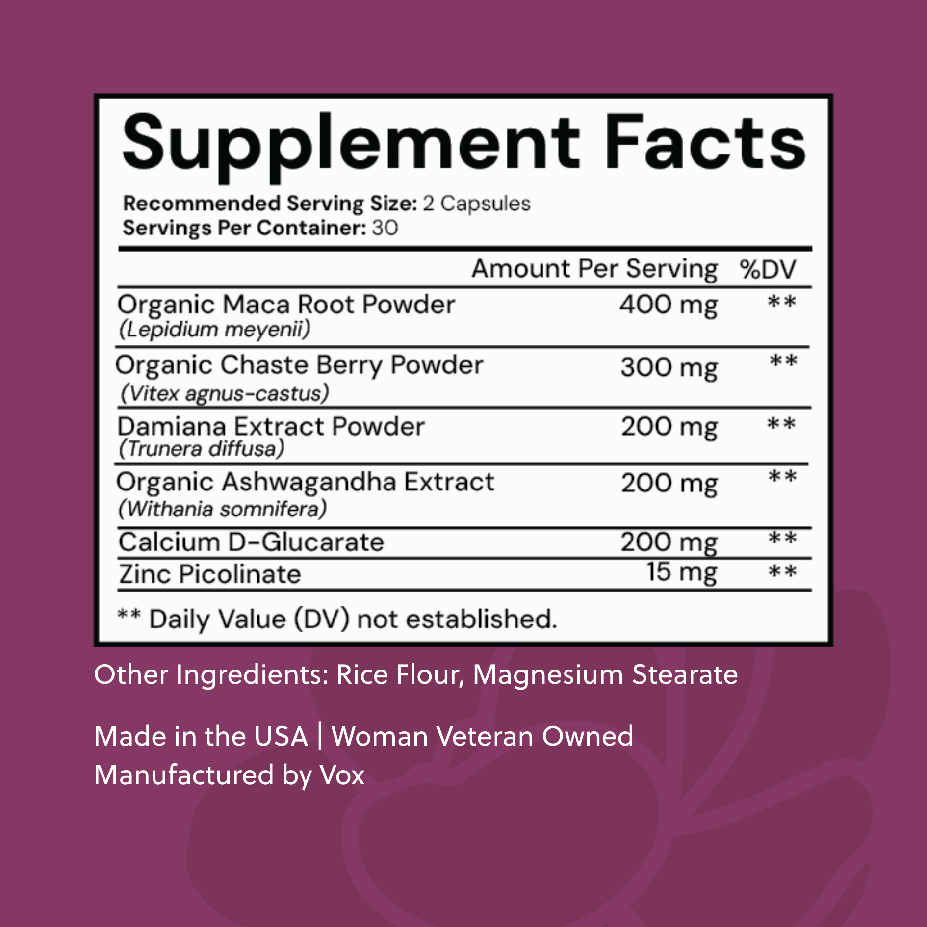 Supplement facts label with ingredients on a purple background